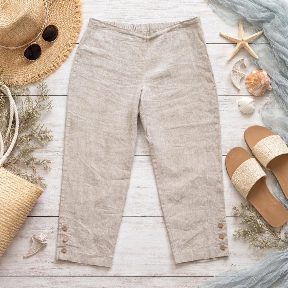 J. Jill Pull-On Linen Stretch Ankle Pants Tan Sz L Minimalist Coastal Casual